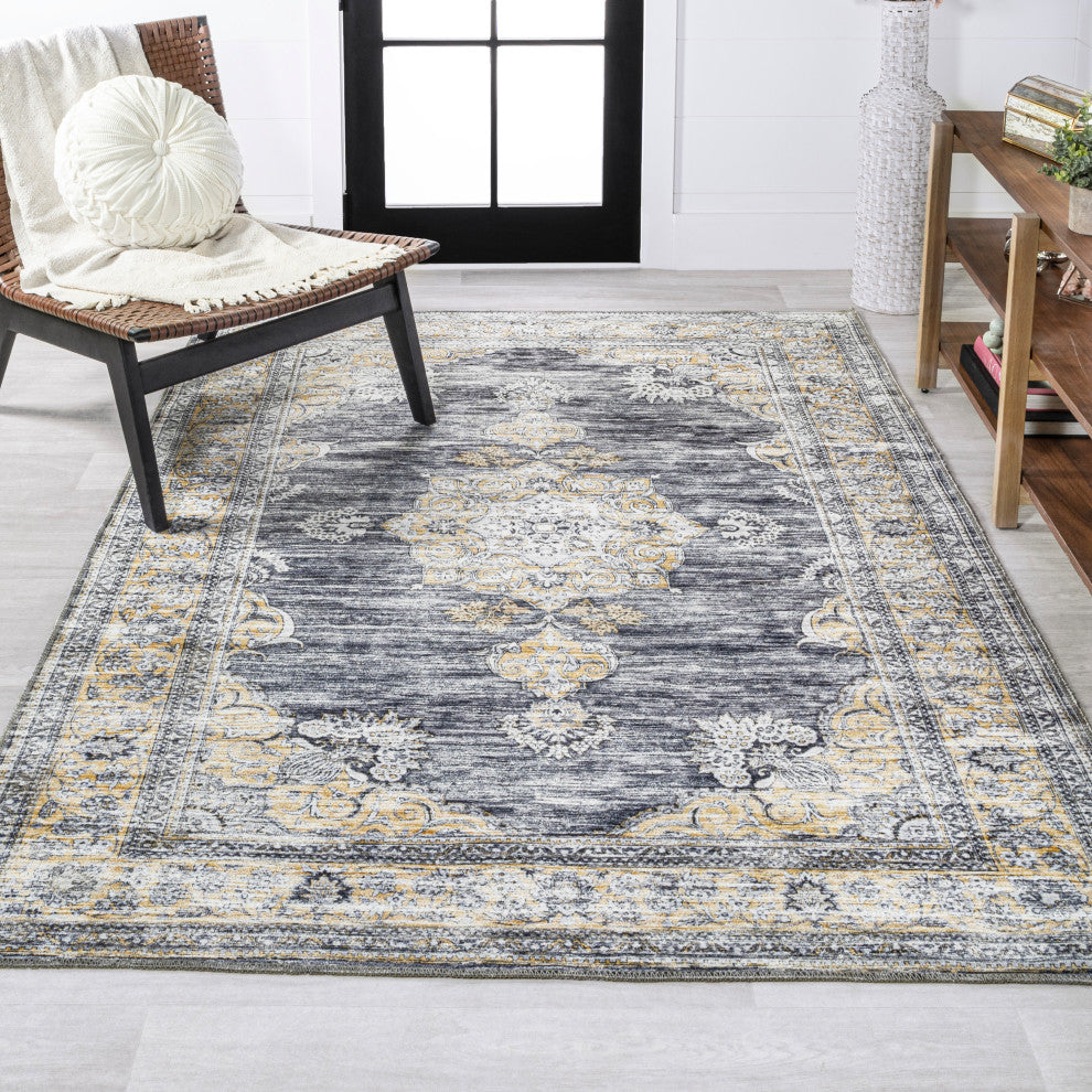 Bausch Distressed Chenille Washable Dark Gray/Yellow 4 ft. x 6 ft. Area Rug
