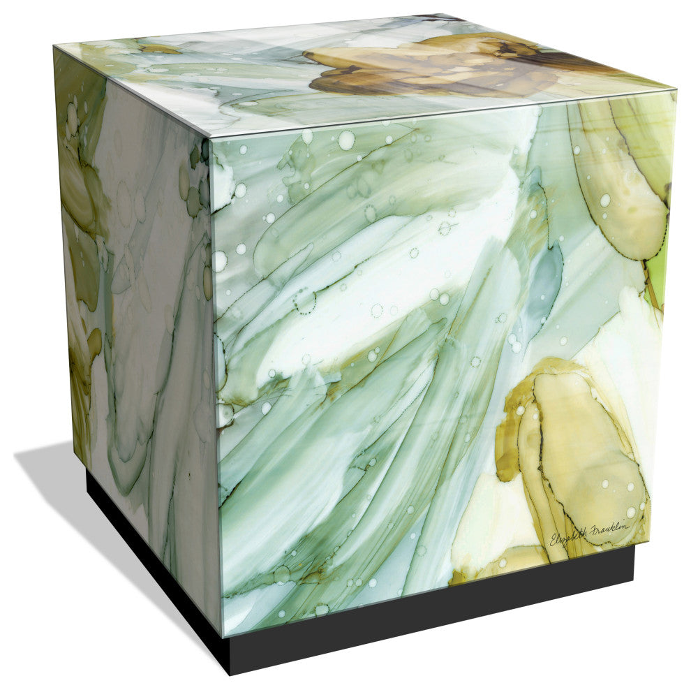 "Seaglass Garden I" Reverse Printed Art Glass Side Table with Black Plinth Base