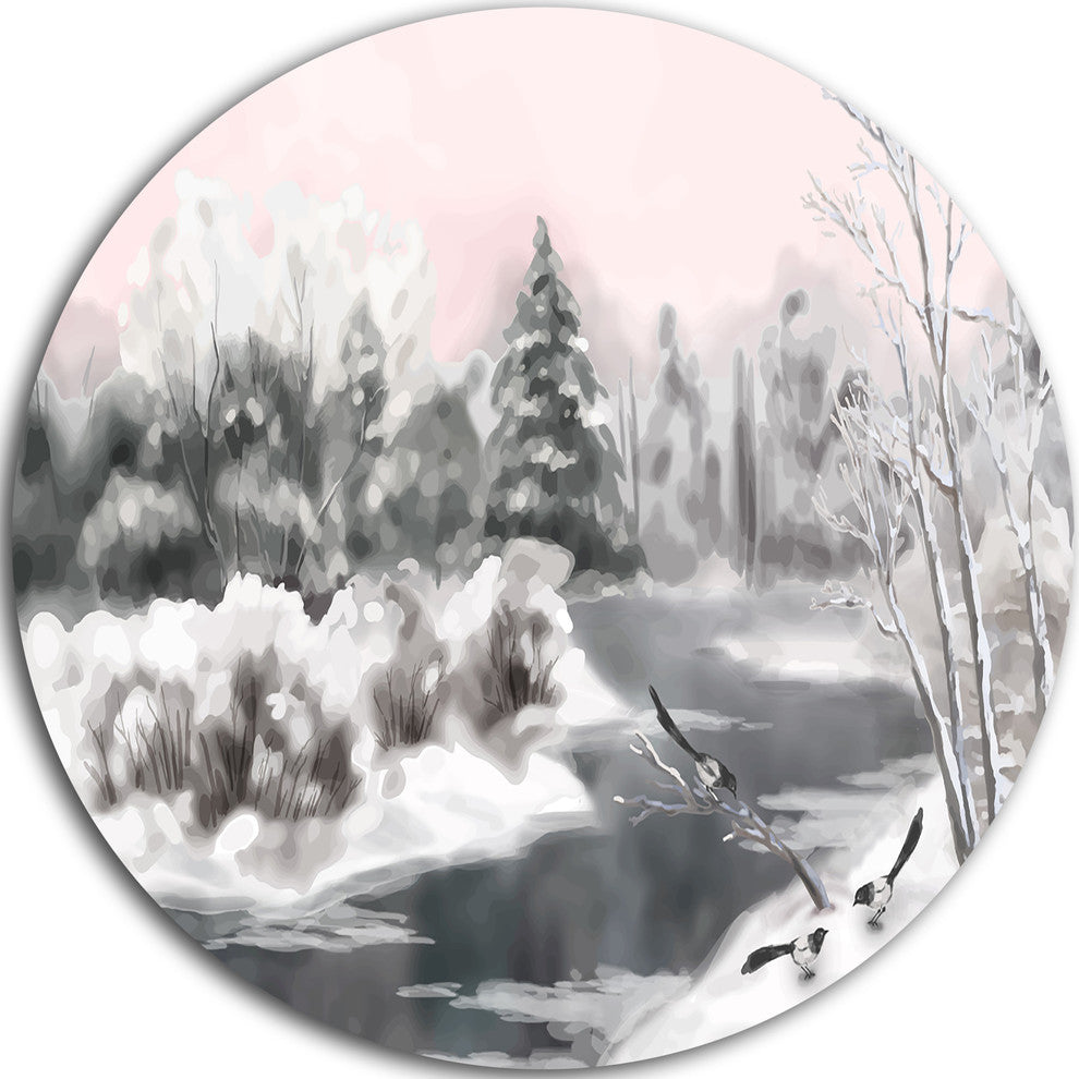 Grey Winter Vector, Landscape Watercolor Large Disc Metal Wall Art, 23"
