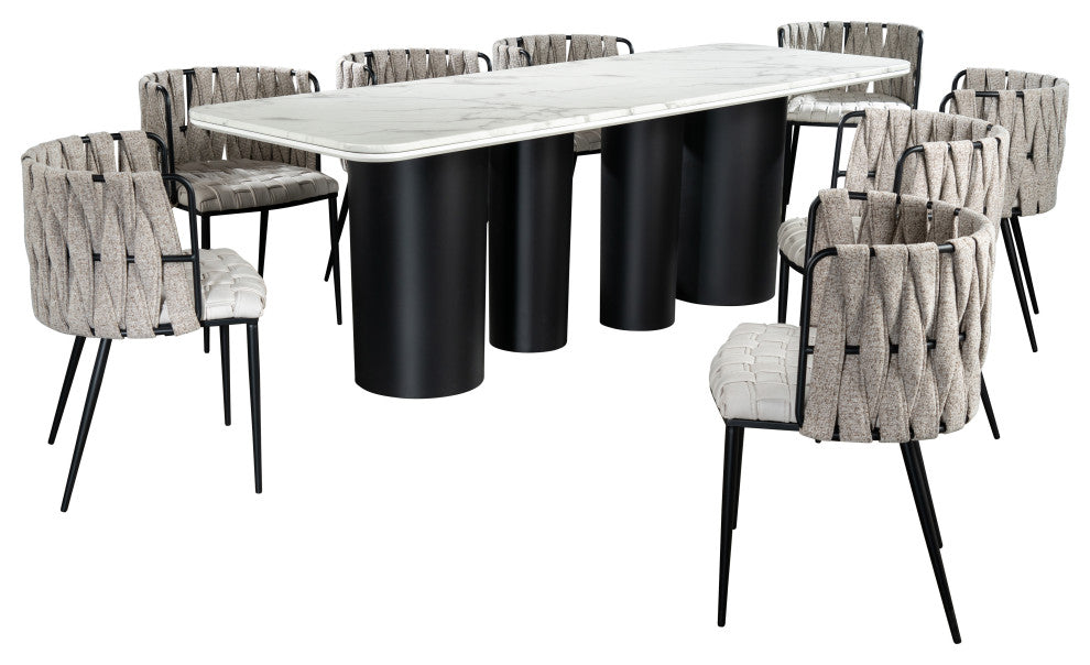 Balmain Marble Top Dining Set for 8, Off White Chairs