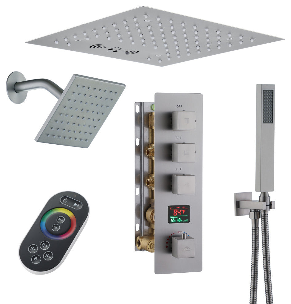 12inch Luxury Shower Dual Shower Head System With LED Light and Bluetooth, Brushed Nickel