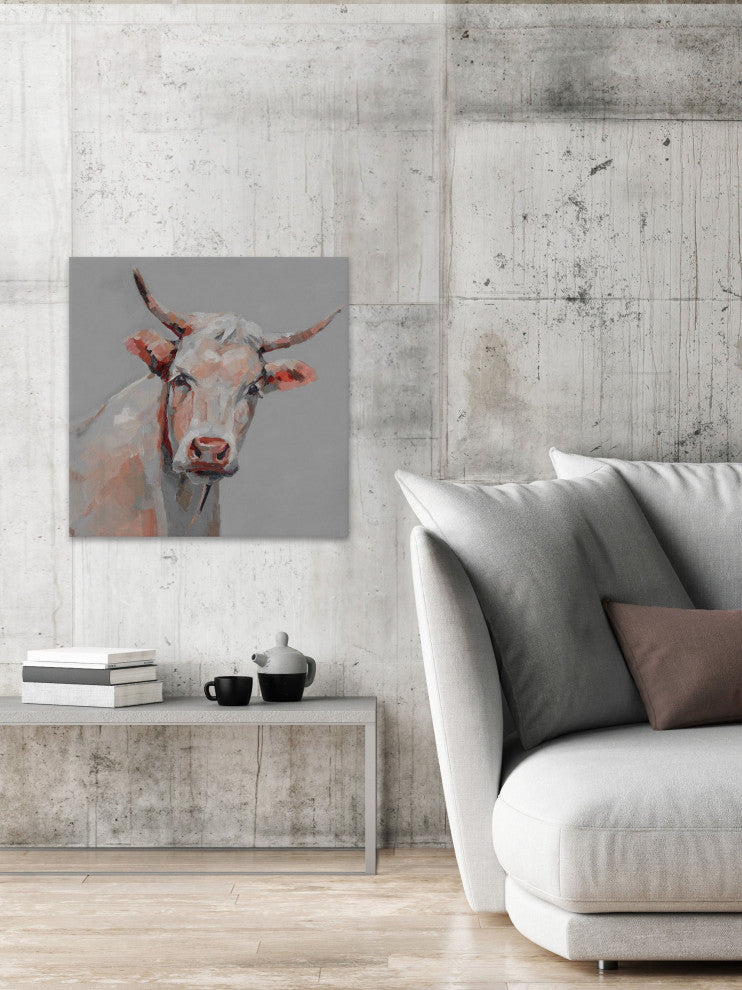 "Mischievous Cow" Painting Print on Wrapped Canvas, 12"x12"