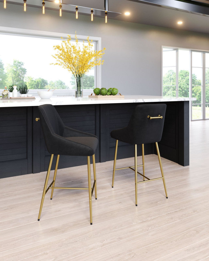Counter Stool Chair, Steel Metal, Fabric, Black, Gold, Bar Kitchen Cafe Bistro