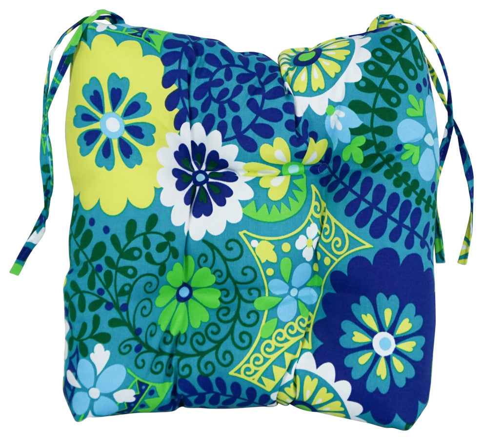 16" Patterned Outdoor Square Tufted Chair Cushions, Set of 6, Luxury Azure