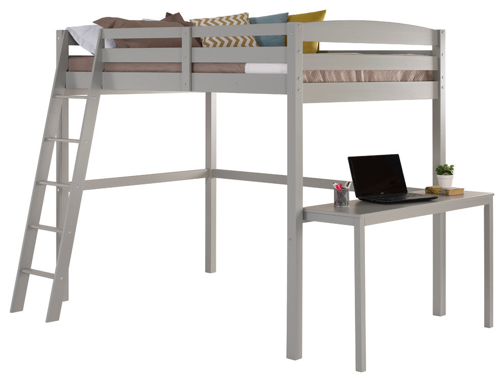Concord Full Size High Loft Bed, Gray, With Desk