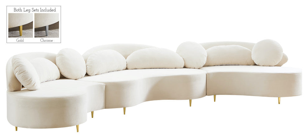 Vivacious Velvet Upholstered 3-Piece Sectional, Cream