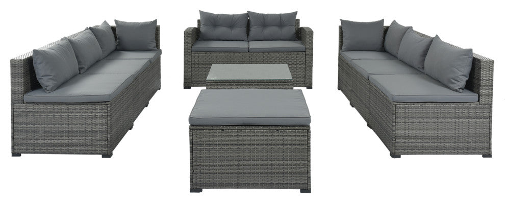 9 Pieces Outdoor Large Wicker Reversible Patio Sectional with Table and Cushions