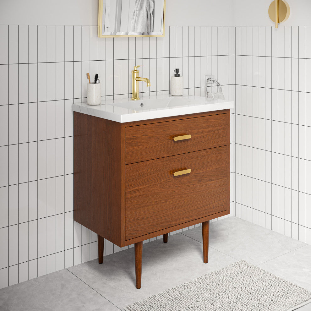 Brandy Integrated Ceramic Sink Top Vanity, Honey Walnut, 30", Without Faucet