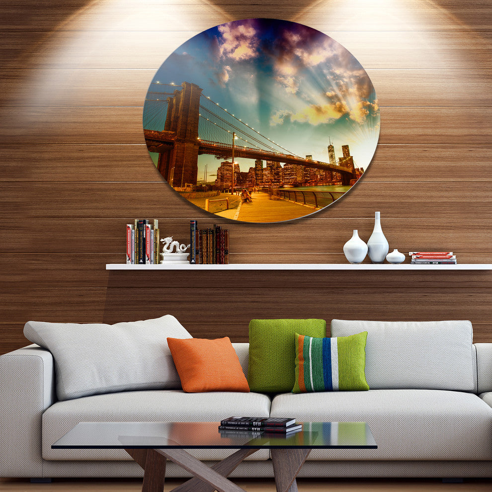 Relaxing In Brooklyn Bridge Park, Cityscape Round Wall Art, 38"