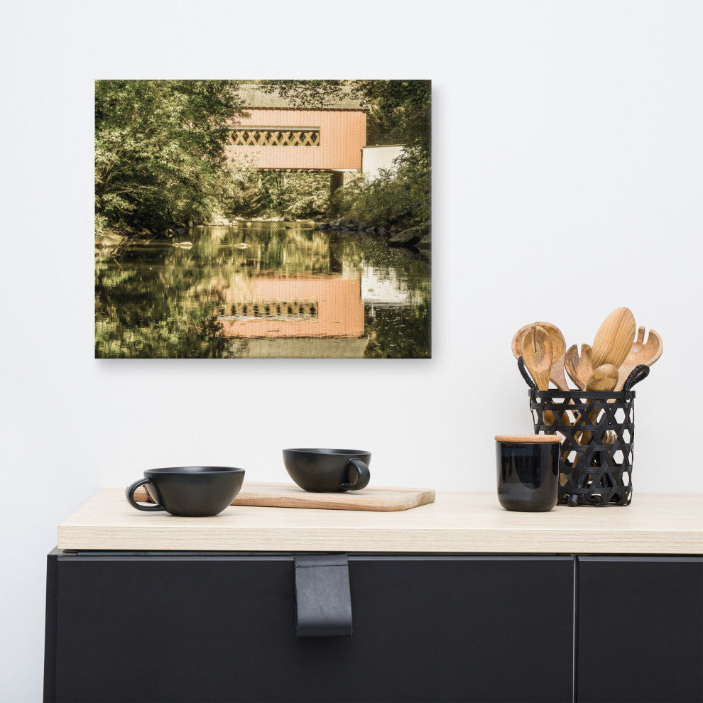 The Reflection of Wooddale Covered Bridge Aged Canvas Wall Art Print, 16" X 20"