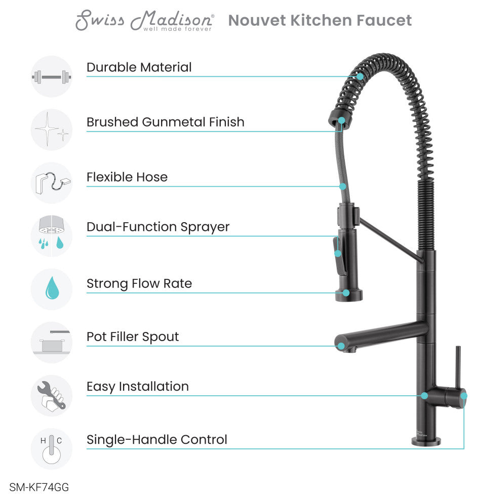 Nouvet Single Handle, Pull-Down Kitchen Faucet With Pot Filler, Gunmetal Grey