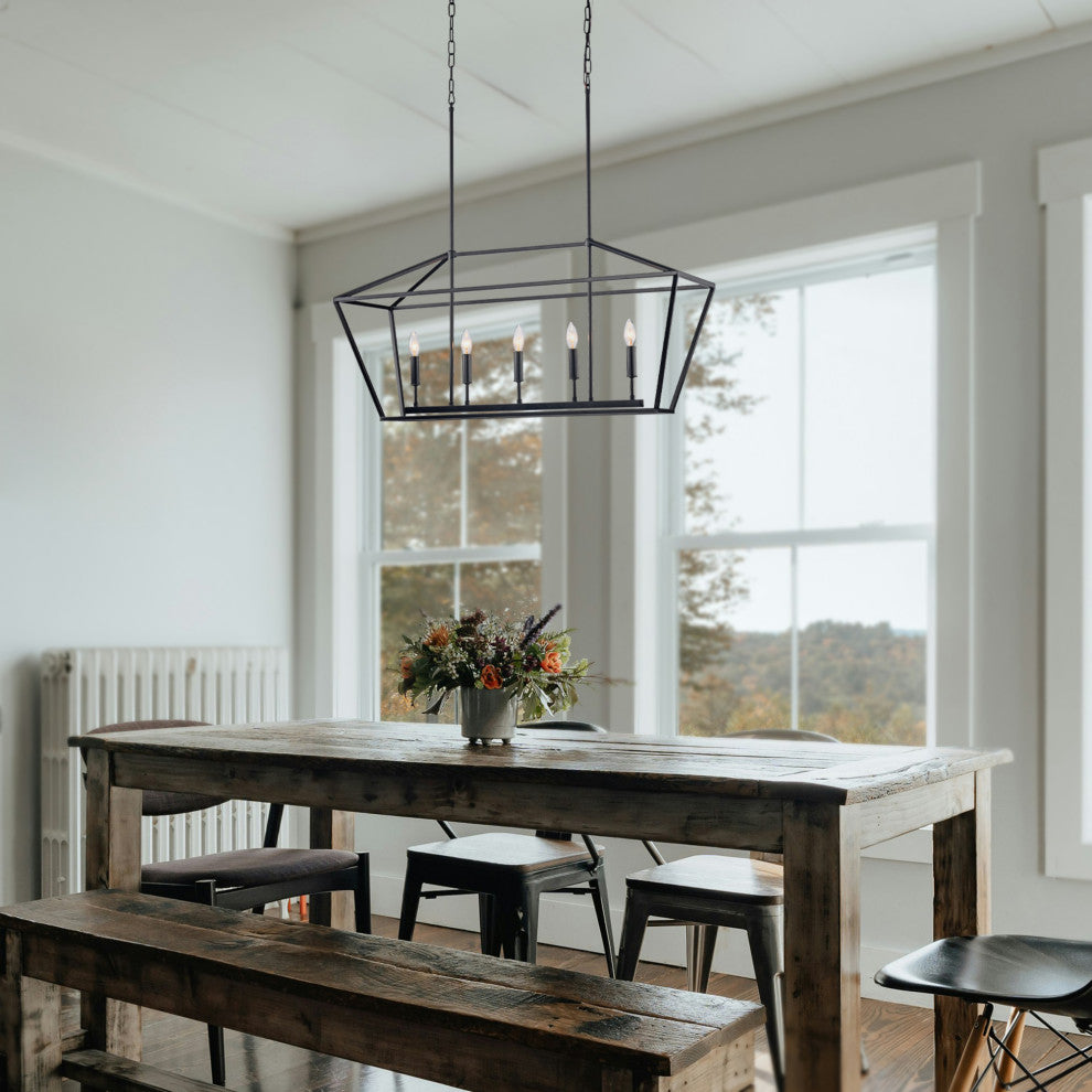 5-Light Matte Black Linear Lantern Pendant Light Cage Chandelier