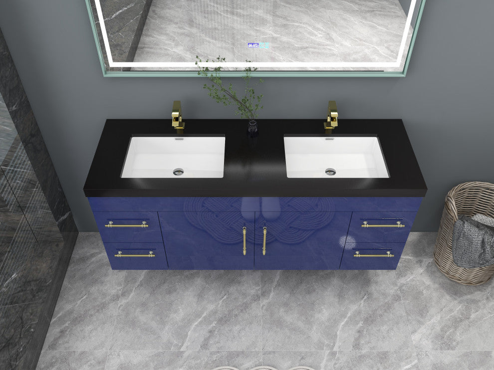 Rosa 60" Wall Mounted Modern Vanity, High Gloss Night Blue, Matt Black Top