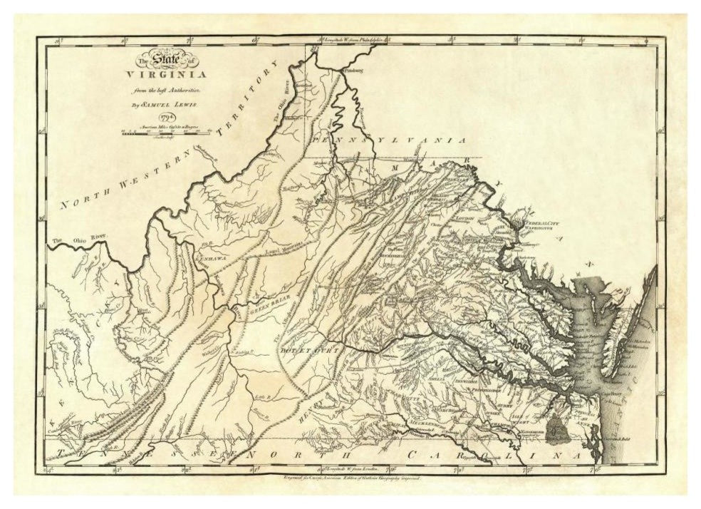 "State of Virginia, 1795" Digital Paper Print by Mathew Carey, 38"x28"