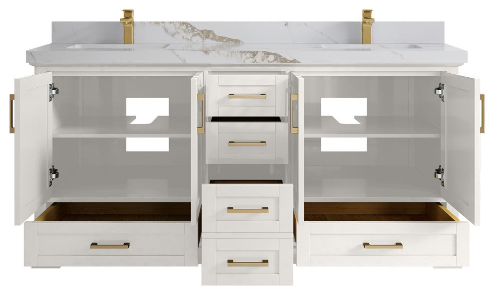 Boston 72" Double Sink Bath Vanity in Alabaster 2" Calacatta Gold