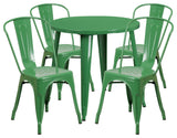Commercial Grade 30" Round Green Metal Indoor-Outdoor Table Set, 4 Cafe Chairs