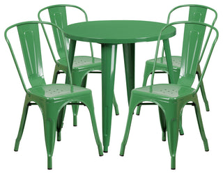 Commercial Grade 30" Round Green Metal Indoor-Outdoor Table Set, 4 Cafe Chairs