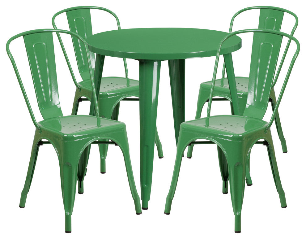 Commercial Grade 30" Round Green Metal Indoor-Outdoor Table Set, 4 Cafe Chairs