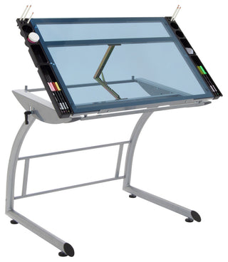 Triflex Drawing Drafting Standing Table, Silver/Blue Glass