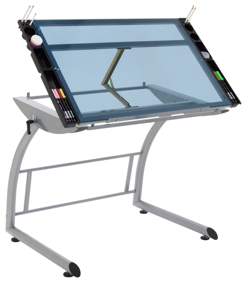Triflex Drawing Drafting Standing Table, Silver/Blue Glass