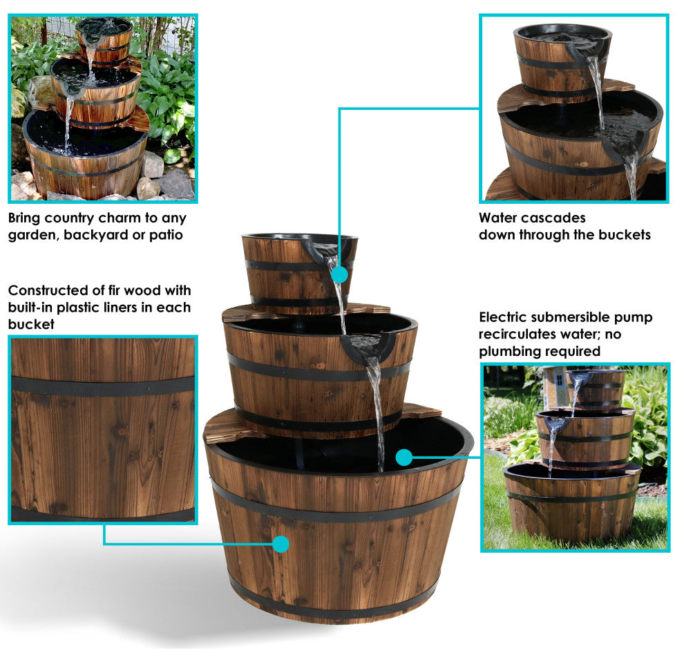 Sunnydaze Rustic 3-Tier Wood Barrel Outdoor Garden Water Fountain, 30"