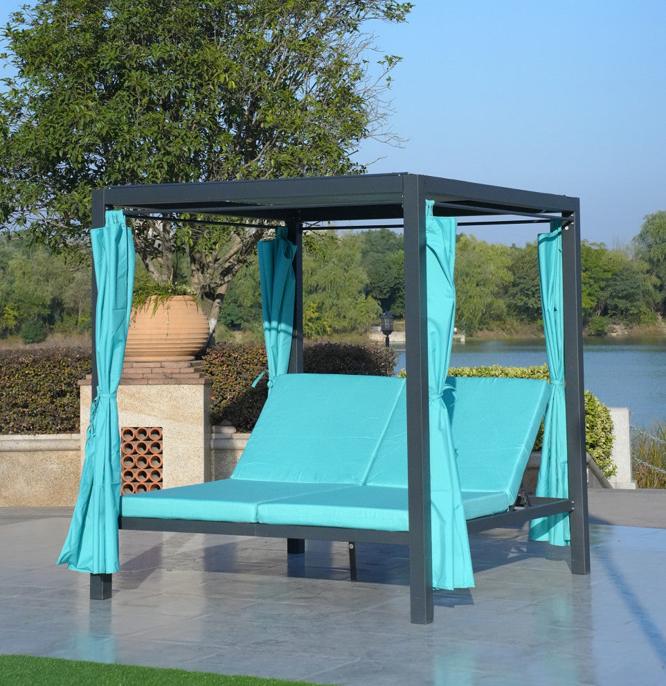 Outdoor Dual Chaise Lounger Cushioned Sunbed With Adjustable Curtains & Canopy, Cyan