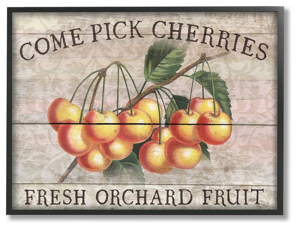 Cherries Illustration Orchard Planked Look Oversized Framed Giclee Art, 16"x20"