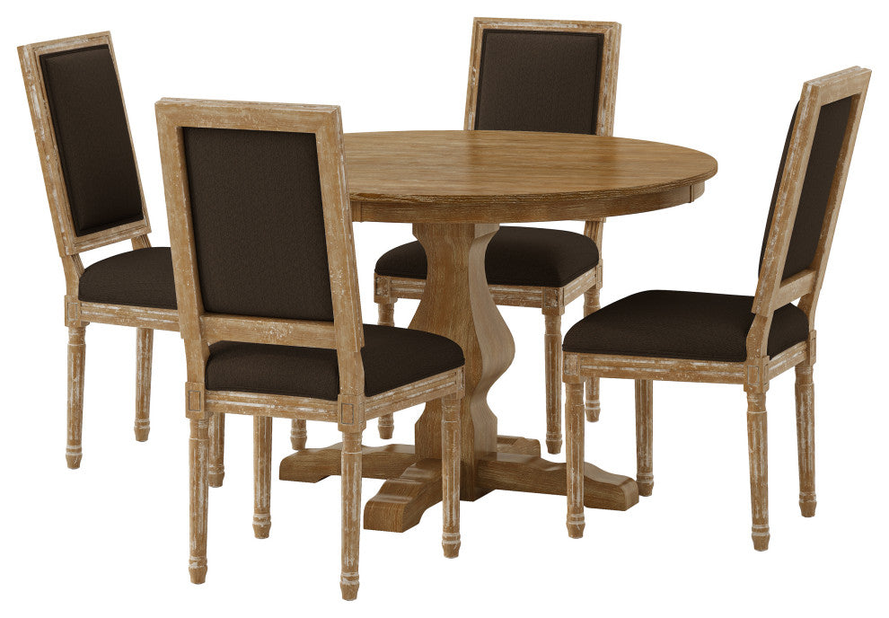 Merlene French Country Fabric Upholstered Wood 5-Piece Circular Dining Set, Natural/Brown