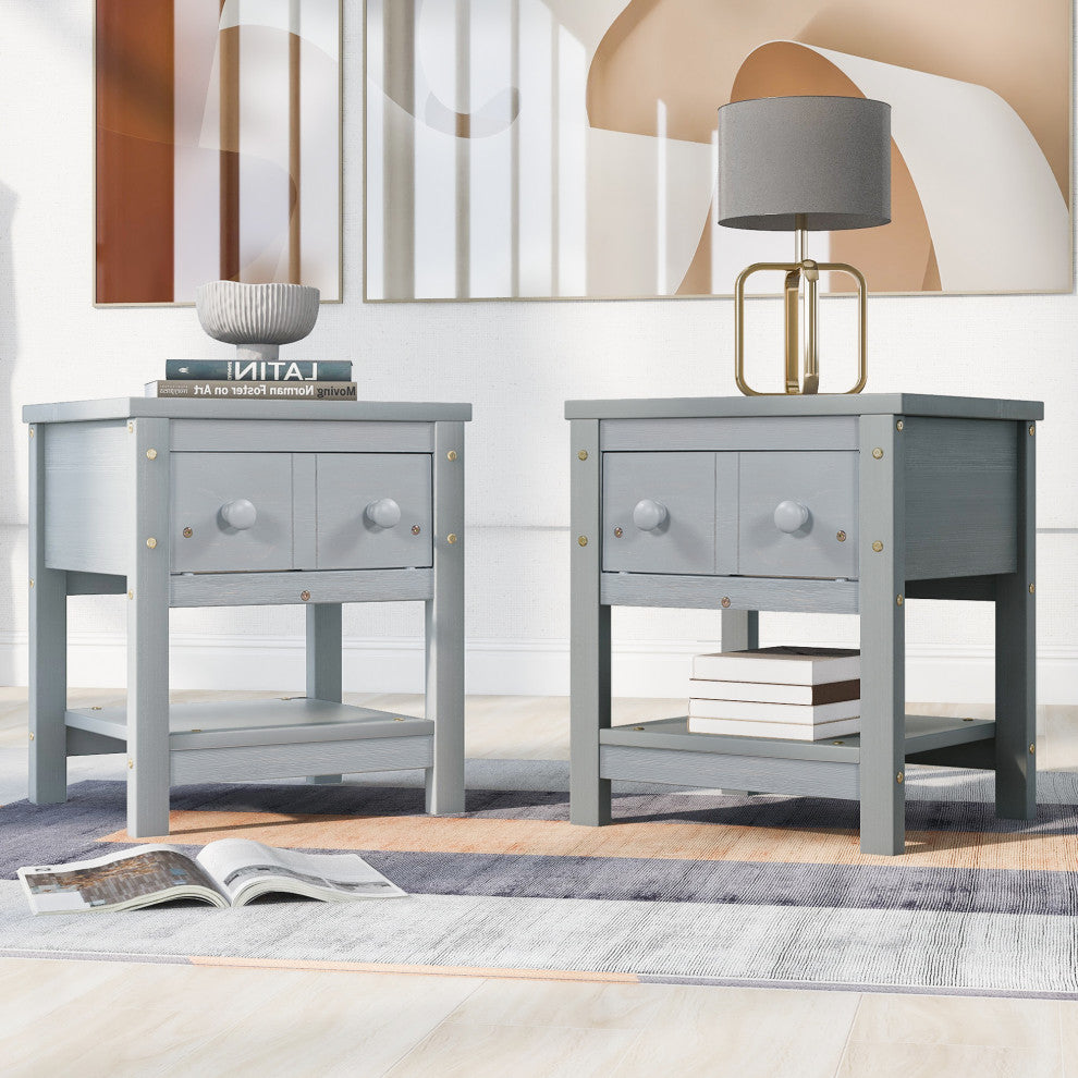 1-Drawer Wood Nightstand with Open Shelf (Set of 2) , Grey, 19'' X 16''