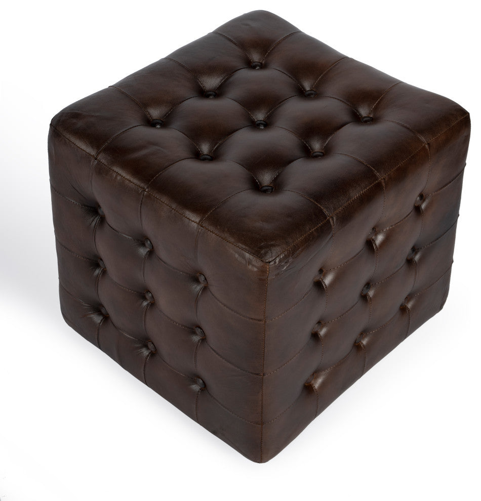 Leon Button Tufted Leather Ottoman