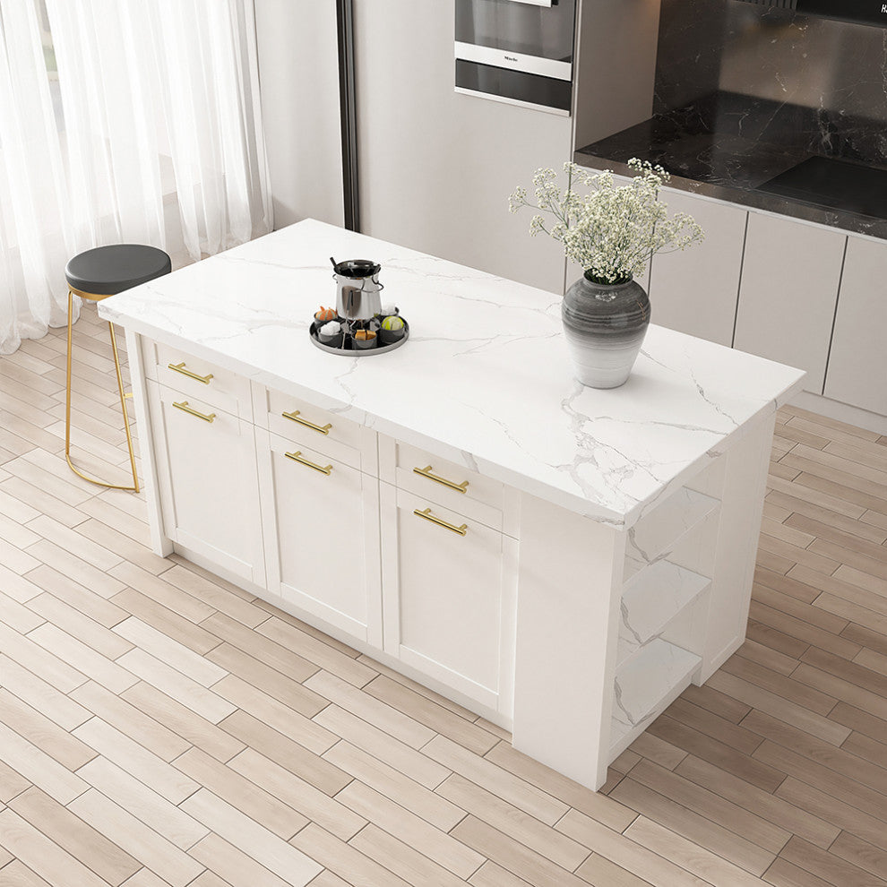 72" Large White Kitchen Island With Storage Modern Kitchen Cabinet, White, Laminate
