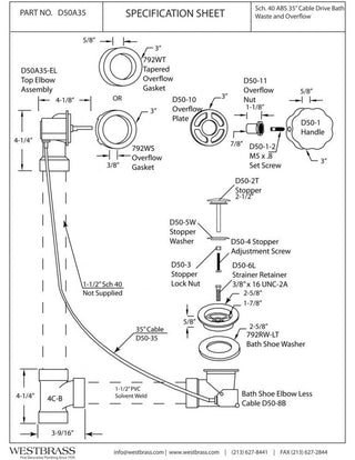 Sch. 40 ABS 35" Cable Drive Bath Waste In Polished Nickel