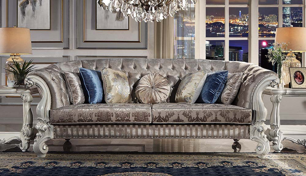 Acme Versailles Sofa With 7 Pillows Ivory Fabric and Bone White Finish