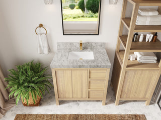 Elizabeth Oak 36" Center Sink Vanity, White 2" Carrara Marble