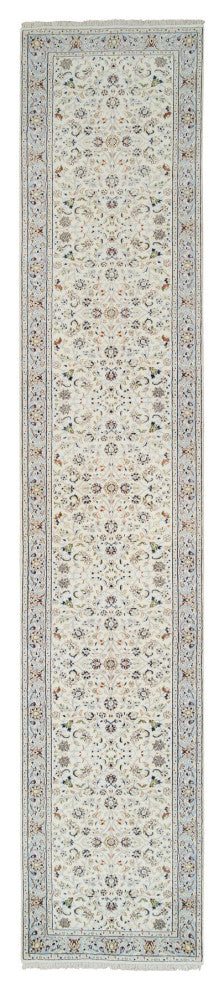 Ivory, Hand Knotted Nain, 250 KPSI Wool and Silk Runner Rug, 2'7"x14'0"
