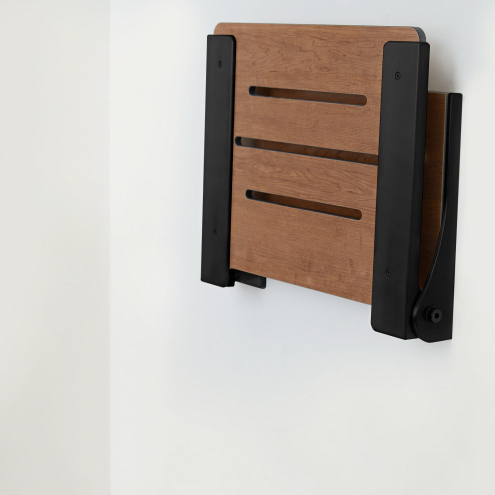 Silhouette Folding Wall Mount Shower Bench Seat, Rustic Teak, Matte Black Frame