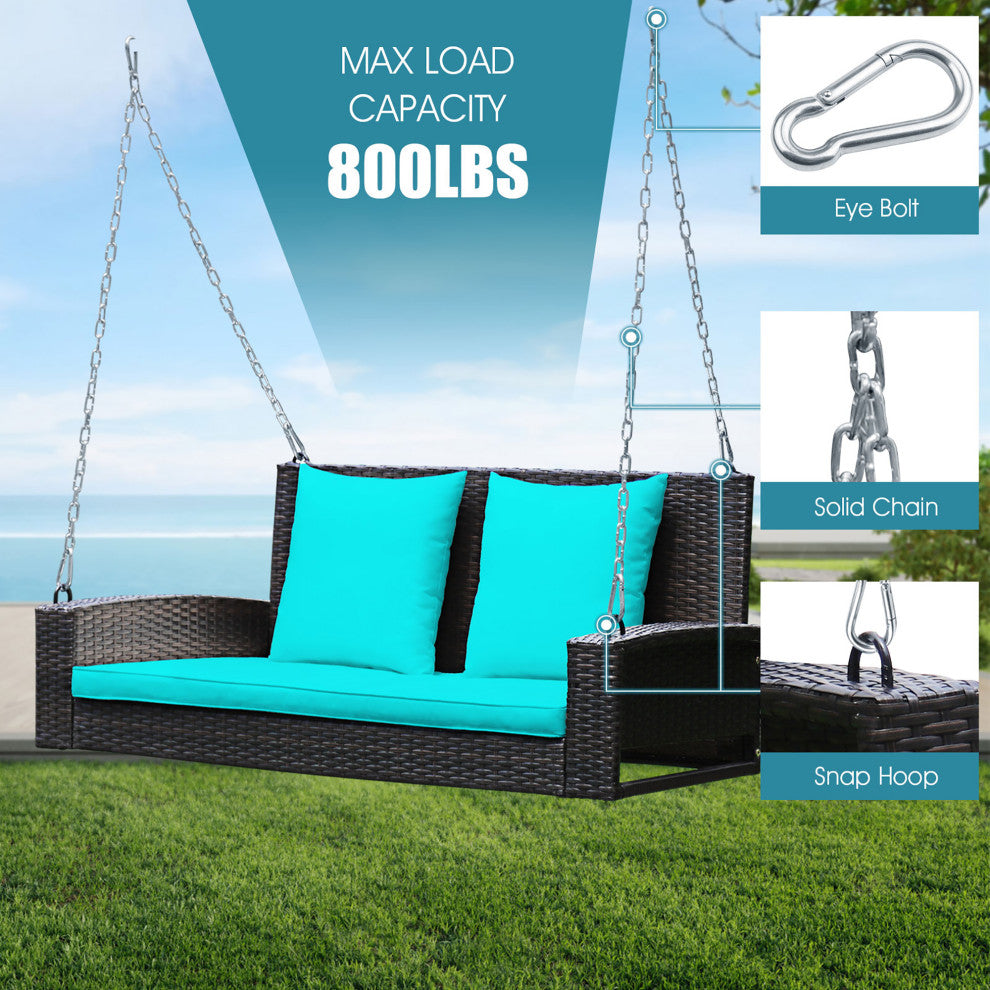 Costway 2-Person Patio Rattan Hanging Porch Swing Bench Chair Cushion Turquoise