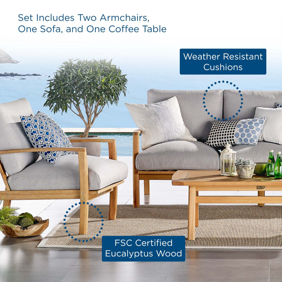 Lounge Sectional Sofa Chair Set, Wood, Brown Natural Gray, Modern, Outdoor