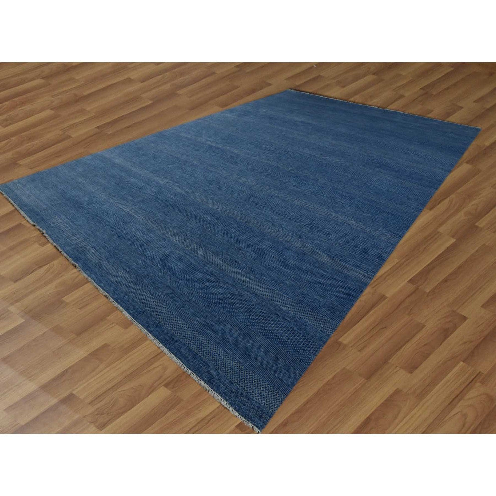 Dark Sapphire Hand Knotted Grass Design Wool and Silk Oversized Rug, 12'x18'