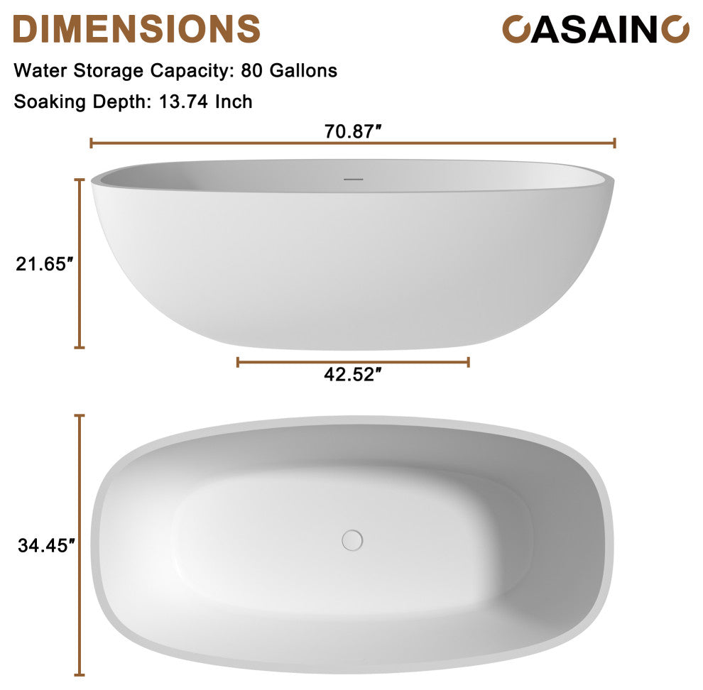 71in White Solid Surface Freestanding Soaking Bathtub with Drain