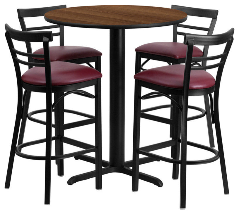 24'' Round Walnut Laminate Table, 4 Ladder Back Barstools, Burgundy Seat