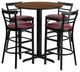 24'' Round Walnut Laminate Table, 4 Ladder Back Barstools, Burgundy Seat