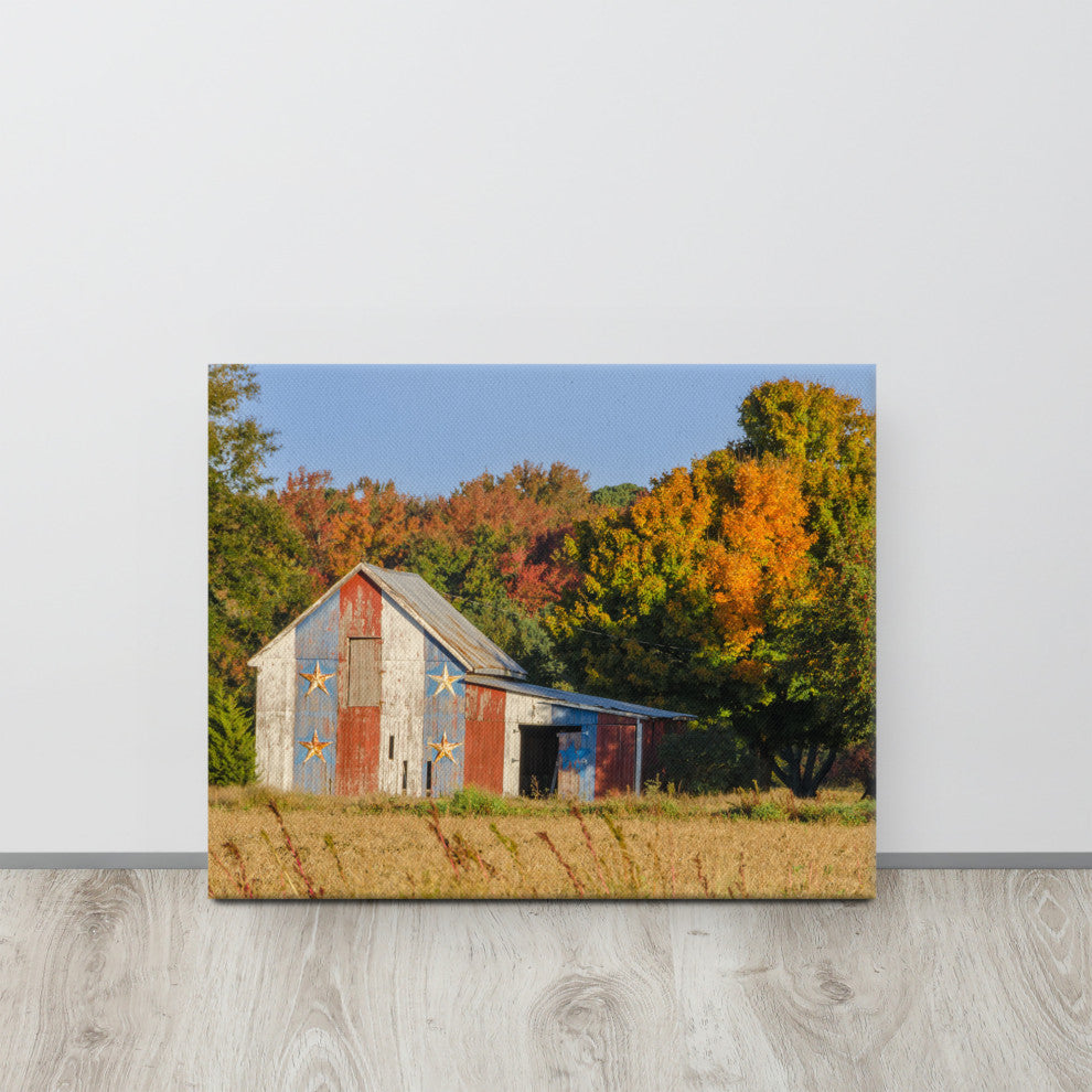 Patriotic Barn in Field Traditional Rural Canvas Wall Art Print, 16" X 20"