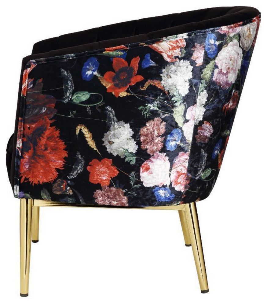 Benzara BM233130 Wooden Accent Chair With Barrel Style Backrest, Black and Gold