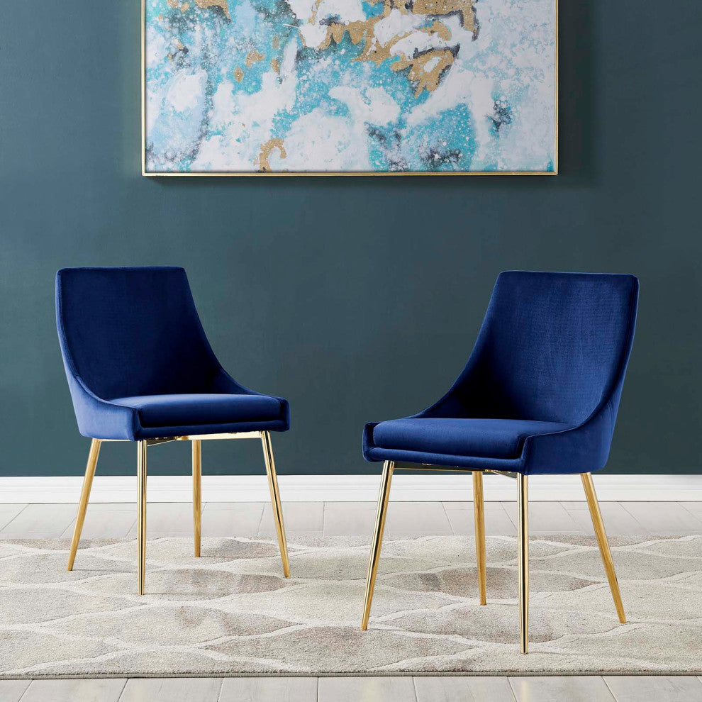 Side Dining Chair, Set of 2, Velvet, Metal, Gold Blue Navy, Modern, Cafe Bistro
