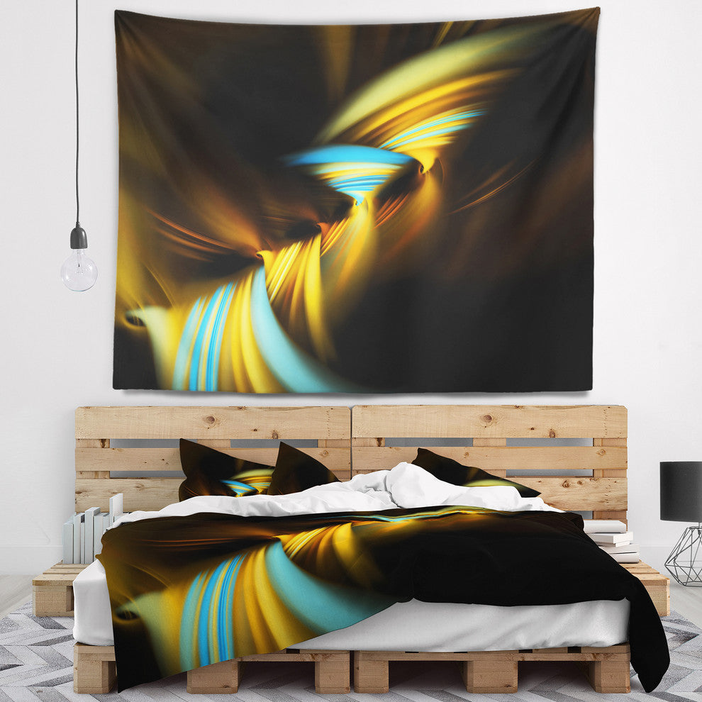 Fractal 3D Layers Yellow Blue Contemporary Wall Tapestry, 92"x78"
