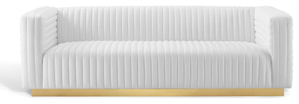 Tufted Sofa, Velvet, White, Modern, Living Lounge Room Hotel Lobby Hospitality