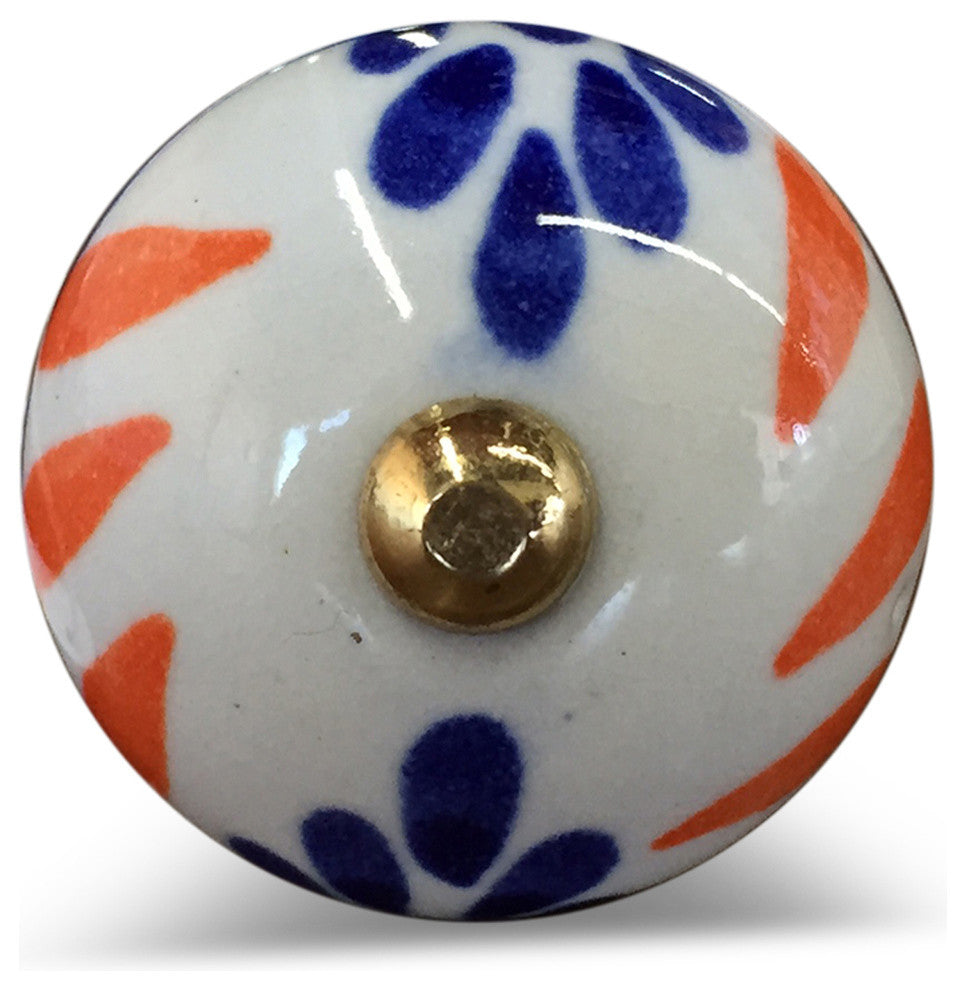 Knob-It Vintage Handpainted Ceramic Knobs, Set of 12, White/Blue/Orange