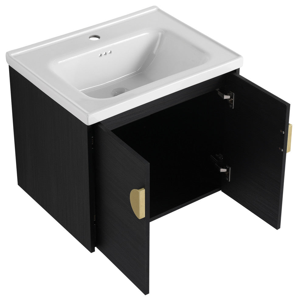 24" Plywood Wall Mounted Bath Vanity Set, Black, Ceramic Basin
