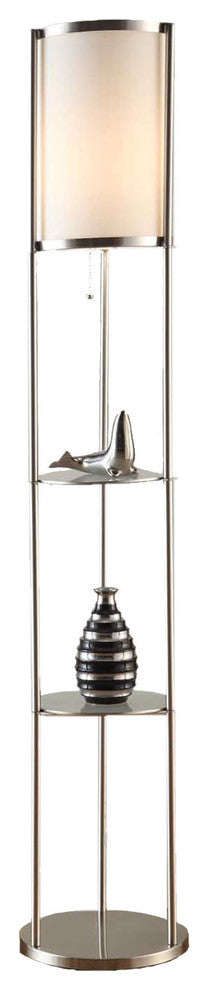 Exeter 63" Brushed Steel Floor Lamp With Durable Glass Shelf and Silk Shade